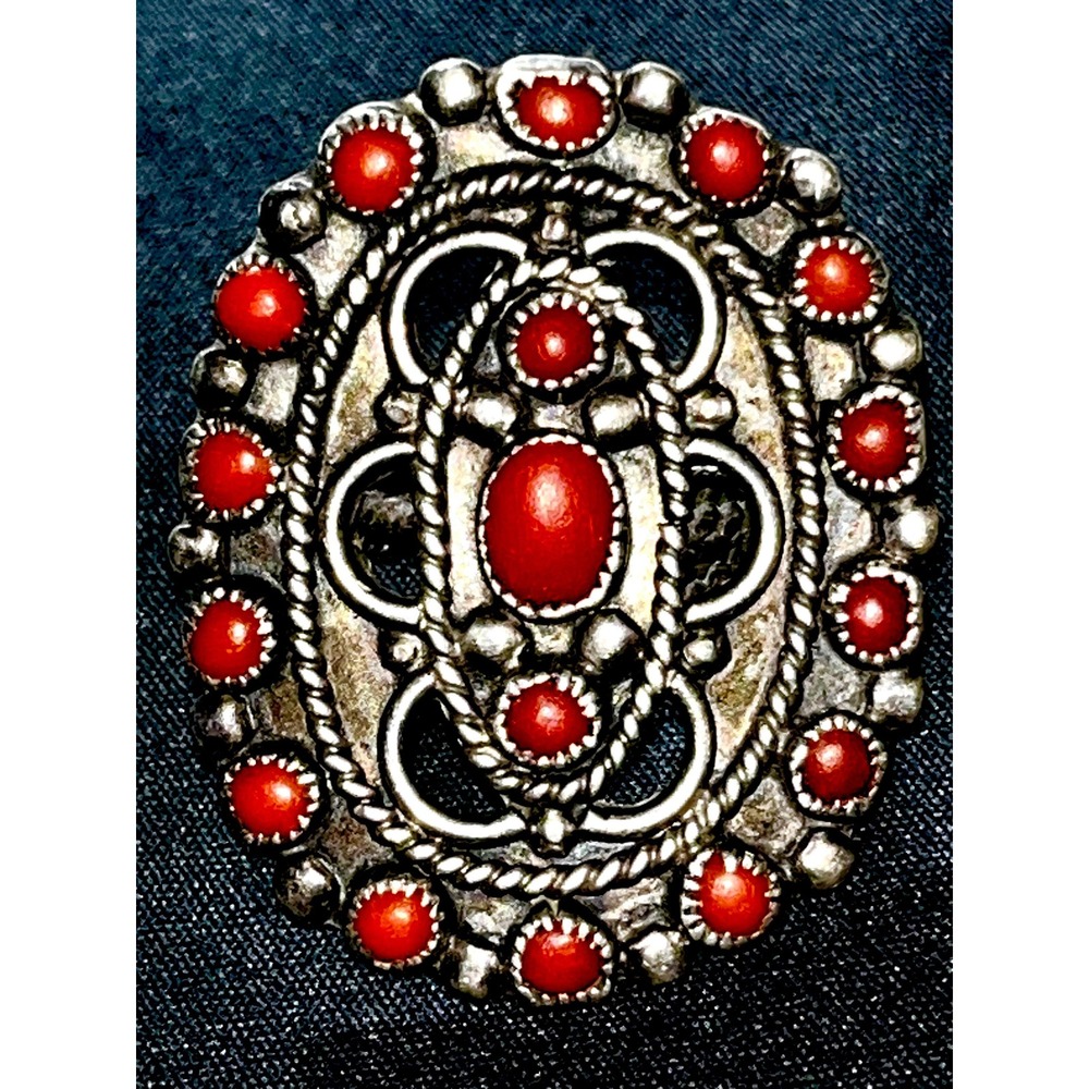 Vintage Zuni Sterling Silver Red Coral Inlay Ring Artist Signed J. Long 1987